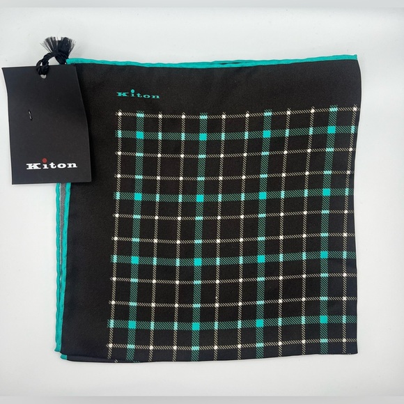 100% NWT KITON Silk Pocket Square  Brown - Turquoise. (15 X 15) - Picture 1 of 7